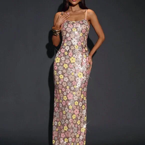 Multicolor Floral Women's Embroidered Elegant Long Dress - Picture 4 of 6